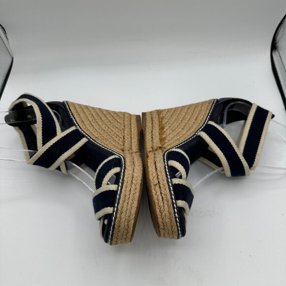 TORY BURCH Navy Blue & Cream Contrast Elastic Espadrille  TORY BURCH Navy Blue & Cream Contrast Elastic Espadrille Wedges Women\'s 6B
